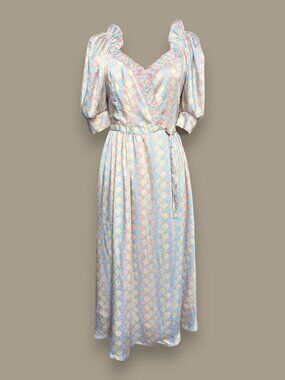 Dondolo Pastel Scallop Floral Wrap Midi Dress Puff Sleeve Small